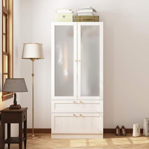 Light Oak Wood 31.5 in. Bedroom Armoire with Frosted Tempered Glass Doors, Hanging Rod and 2-Drawers