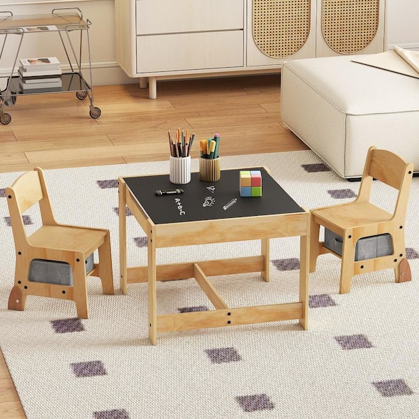 3-Piece 3-in-1 Kids Table and Chairs Set w/ Reversible Whiteboard/Chalkboard Top Hidden Storage Gray
