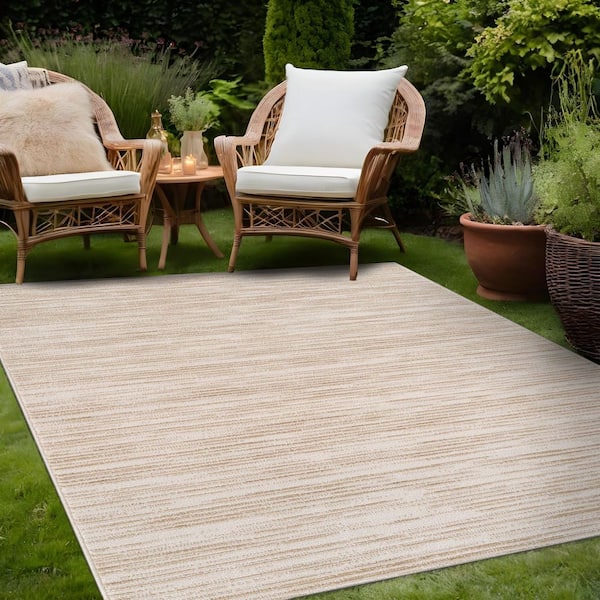 Linea Beige 9 ft. x 12 ft. Rubber Back Washable Modern Striped Indoor Outdoor Patio Area Rug