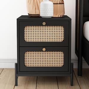 Black 2-Drawers Modern Cannage Rattan Wood Nightstand, Side Table, End Table