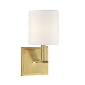Waverly 5 in. W x 11 in. H 1-Light Warm Brass Wall Sconce with White Fabric Cylindrical Shade