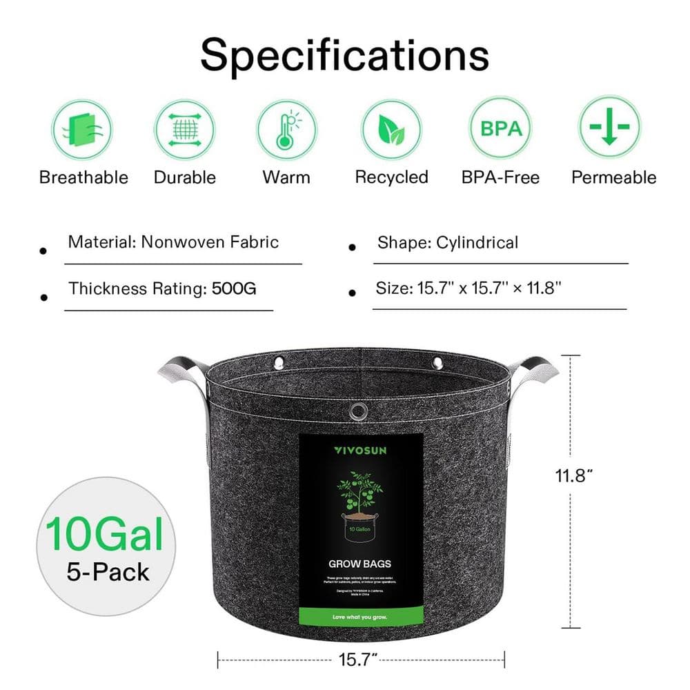 10 Gallon Black Nonwoven Fabric Grow Bags with Handles