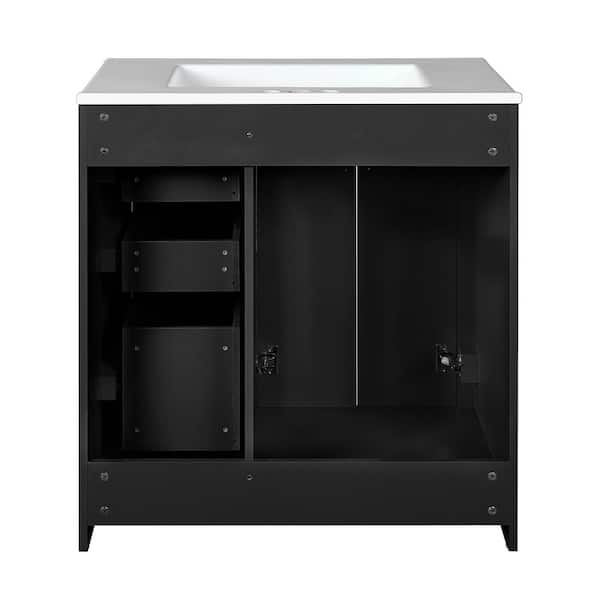 30 in. W Single Sink Bath Vanity in Black with White Ceramic Top, 3-Drawers, Soft Closing Doors