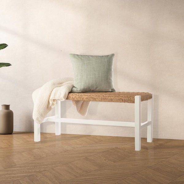 Alaterre Furniture Newport 40 in. Wood Entryway or Dining Bench 14 in. with Handcrafted Woven Rope Seat, White