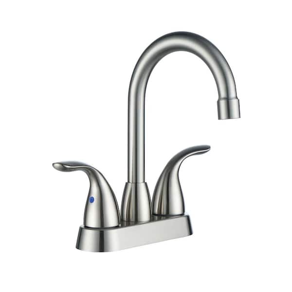 WOWOW 4 in. Centerset Double Handle High Arc Bathroom Faucet with Drain Kit Included in Brushed Nickel