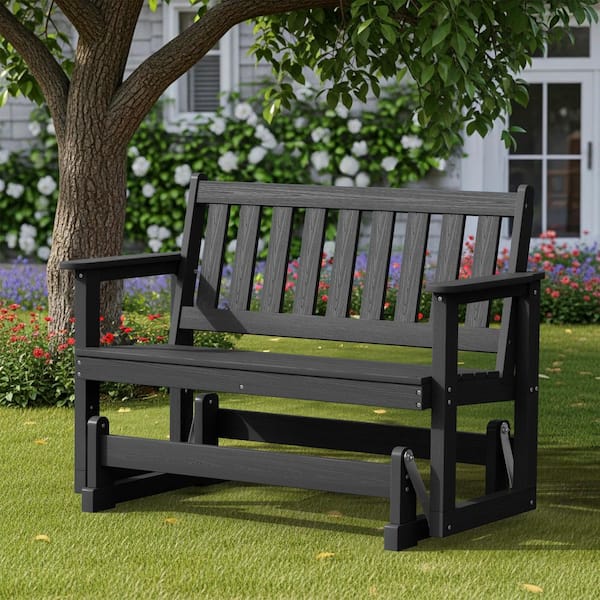 HDPE Gray Outdoor Bench 2-Person Glider Plastic Rocking Chair for Swings Outside Loveseat, Patio Glider for Garden Porch
