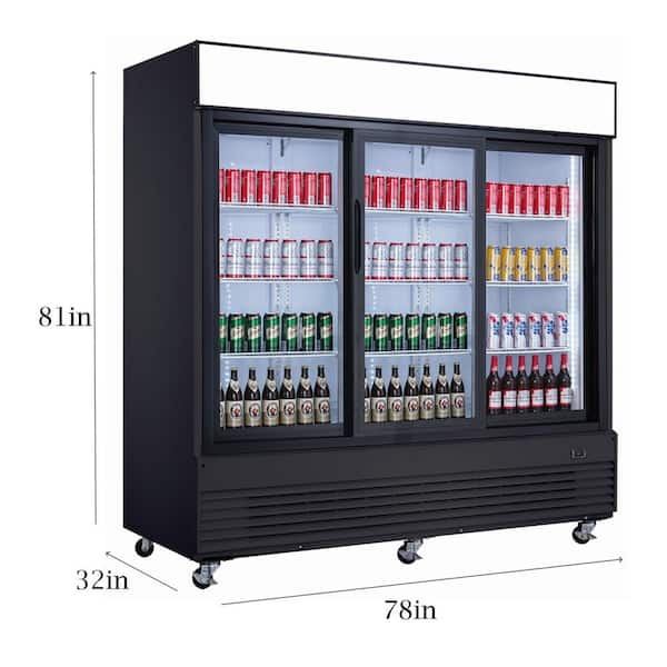78 in. W 58 cu. ft, Auto-defrost Commercial Merchandiser Glass Slide Door Cooler Refrigerator in Black