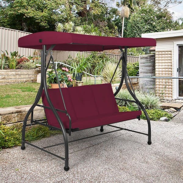 3-Person Dark Red Metal Outdoor Patio Swing Hammock Porch Swing Glider with Cushions and Adjustable Tilt Canopy