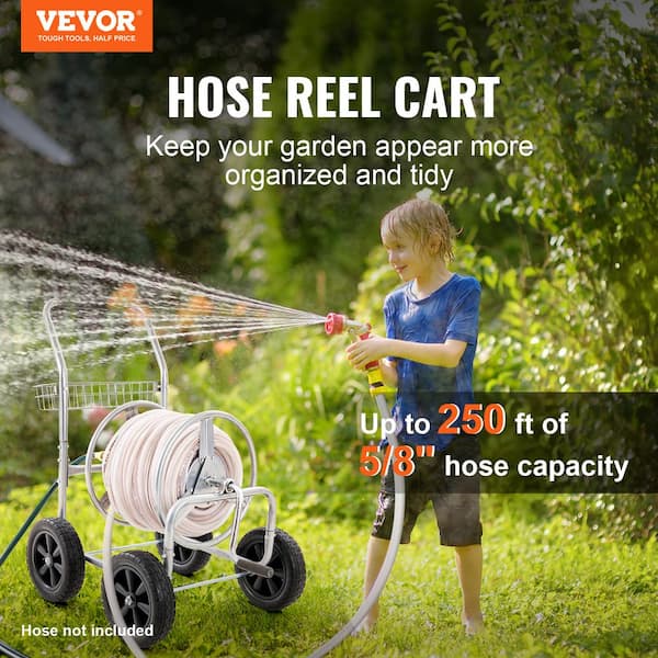 VEVOR Hose Reel Cart Hold Up to 250 ft. of 5/8 in. Hose, Garden Water Hose Carts Mobile Tools with 4 Wheels, Silver