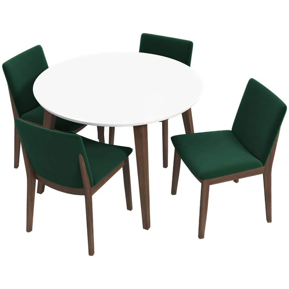 Huxley 5-Piece Mid-Century Modern Round 43 in. White Top Dining Set with 4 Velvet Dining Chairs in Green -  Ashcroft Furniture Co, ASH0373