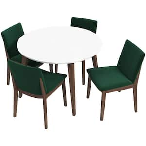 Huxley 5-Piece Mid-Century Modern Round 43 in. White Top Dining Set with 4 Velvet Dining Chairs in Green