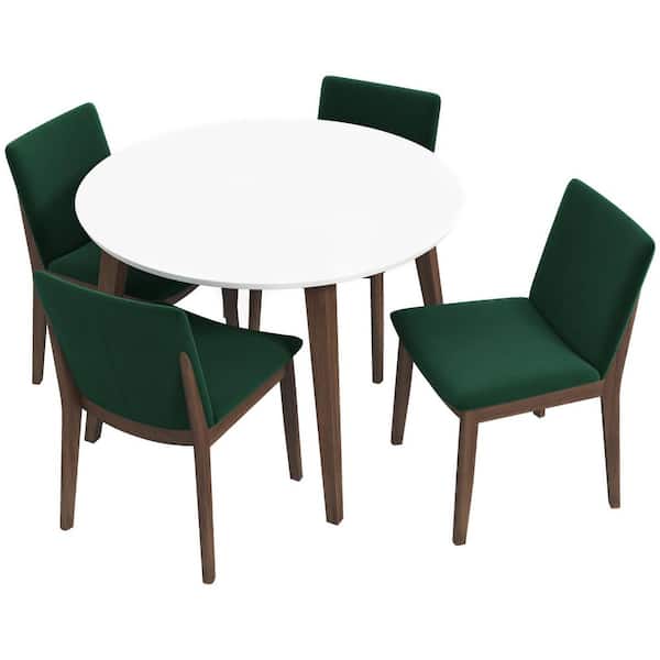 Ashcroft Furniture Co Huxley 5-Piece Mid-Century Modern Round 43 in. White Top Dining Set with 4 Velvet Dining Chairs in Green