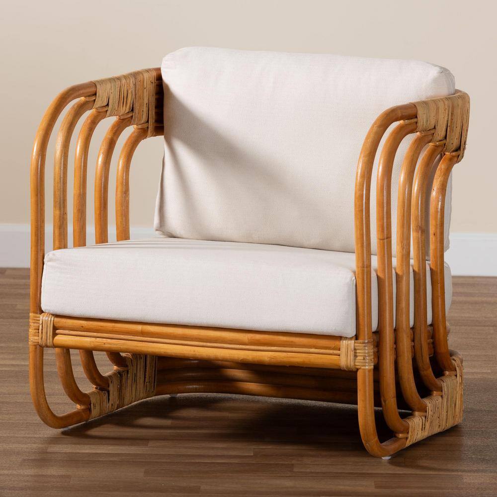Handcrafted White Rattan Bohemian Accent Chair with Cushions