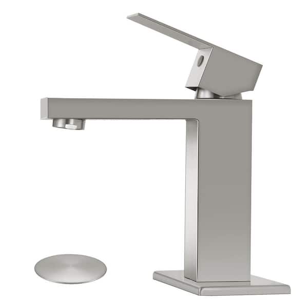 Single Handle Single Hole Bathroom Sink Faucet with Drain and Deck in Brushed Nickel