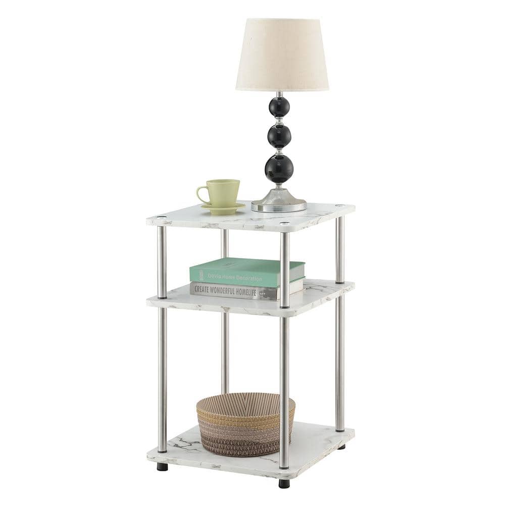 White Faux Marble Wood and Metal Three-Tier End Table