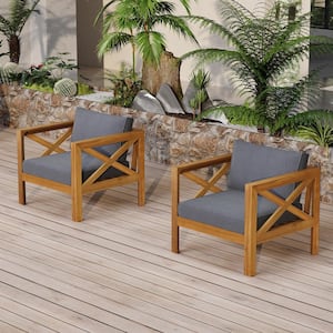 Teak Acacia Wood Outdoor Lounge Chair Club Armchair with Water-Resistant Dark Gray Cushions (2-Pack), for Patio Garden