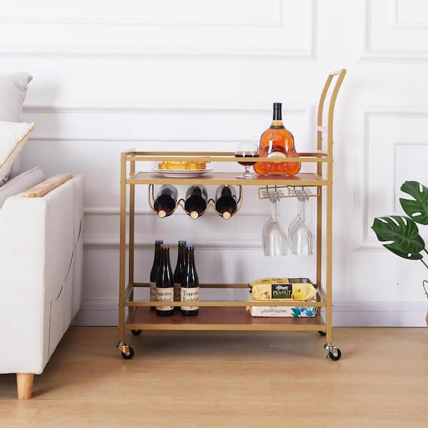 2-Tier Bar Cart, Mobile Bar Serving Cart, Industrial Style Wine Cart and  Glass Holder for Kitchen in Golden W1124-BCGD - The Home Depot