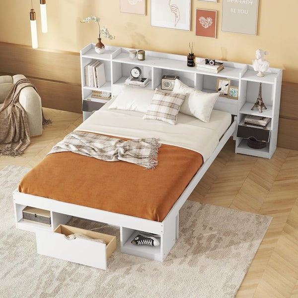 Harper & Bright Designs White Wood Frame Queen Size Platform Bed with Storage Headboard and Footboard