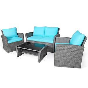 4-Pieces Patio Rattan Conversation Set Outdoor Furniture Set with Turquoise Cushions