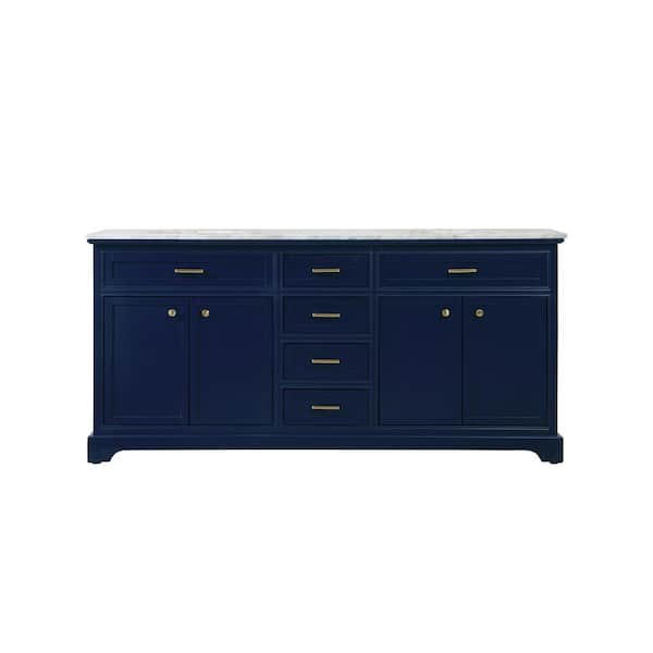 Unbranded Timeless Home 72 in. W Double Bath Vanity in Blue with Marble Vanity Top in Carrara with White Basin