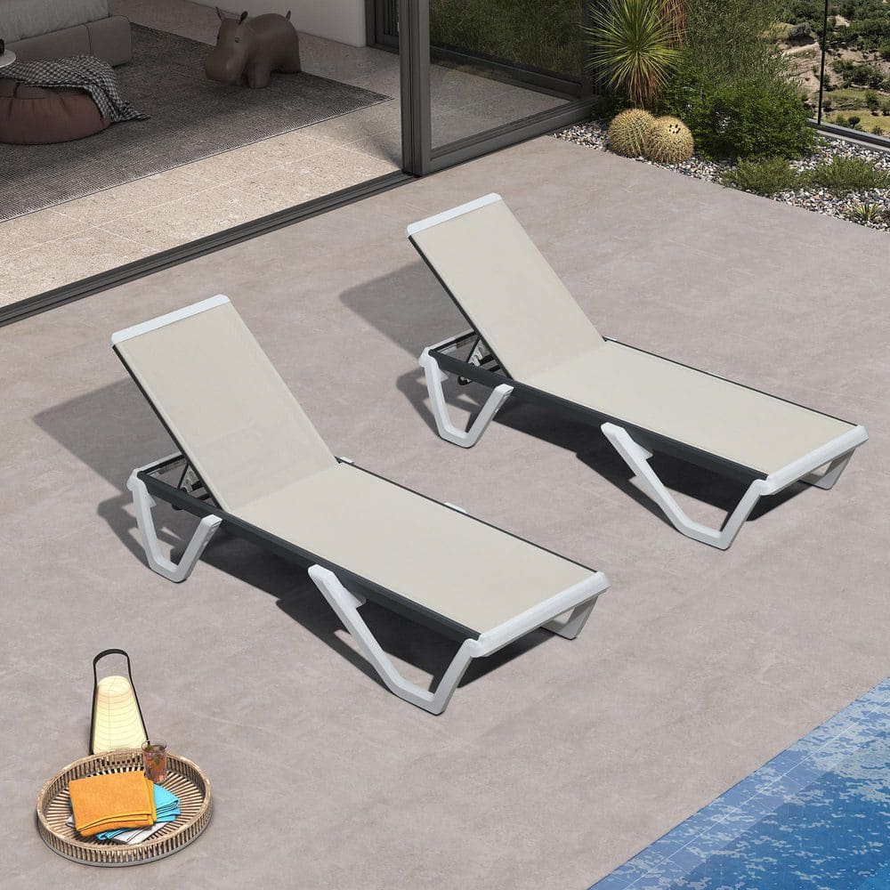 Outdoor Chaise Lounge Plastic Pool with Aluminum Frame Stackable Chairs for Poolside Beach Deck, Beige(2 pack) price history on PriceWatchPro