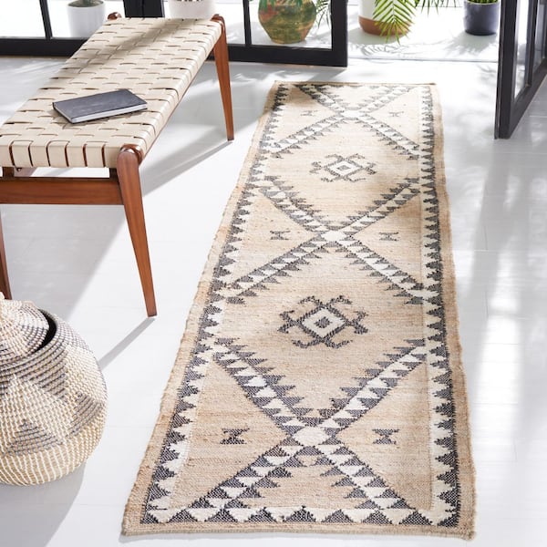 Kilim Grey/Black 2 ft. x 9 ft. Native American Trellis Border Runner Rug