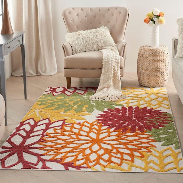 Aloha Red Multi Colored 4 ft. x 6 ft. Floral Contemporary Indoor/Outdoor Patio Area Rug