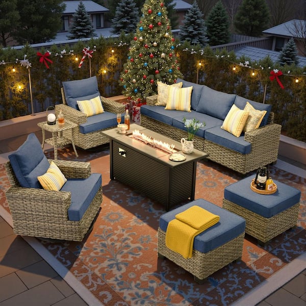 Torino Gray 9-Piece Wicker Outdoor Patio Conversation Deep Sofa Seating Set with Metal Fire Pit and Denim Blue Cushions