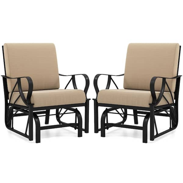 2 Pcs Metal Outdoor Glider Chair Smooth Rocking Single Chair with Thick Tan Cushions and Heavy-Duty Metal Frame