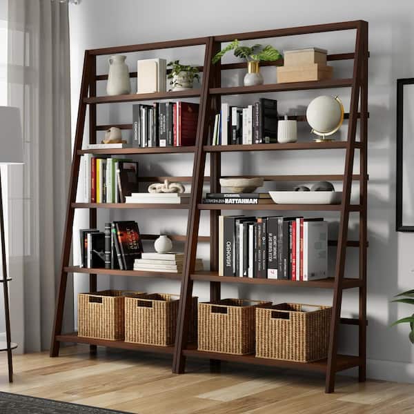 Acadian 72 in. Solid Wood 5 Shelf Ladder Bookcase in Brunette Brown (Set-2)