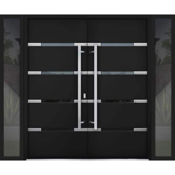 VDOMDOORS 1105 100 in. x 80 in. Left-Hand/Inswing 2 Sidelites Clear Glass Black Enamel Steel Prehung Front Door with Hardware