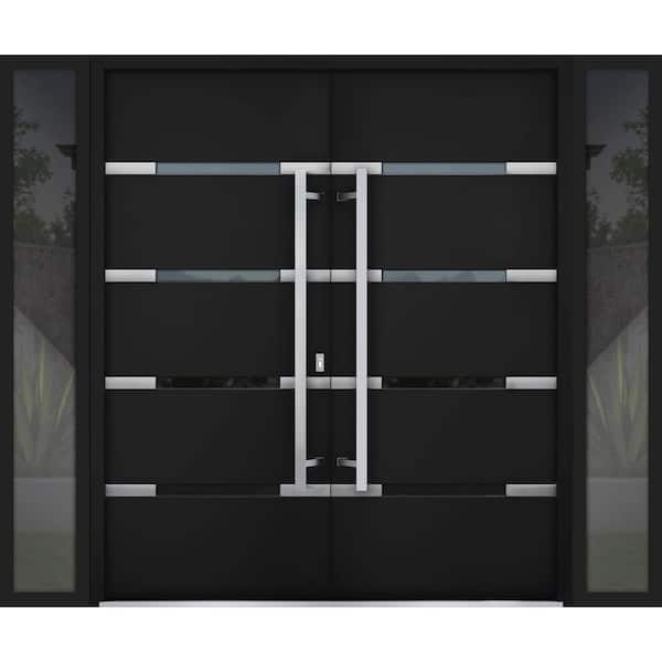 VDOMDOORS 1105 100 in. x 80 in. Right-Hand/Inswing 2 Sidelites Clear Glass Black Enamel Steel Prehung Front Door with Hardware