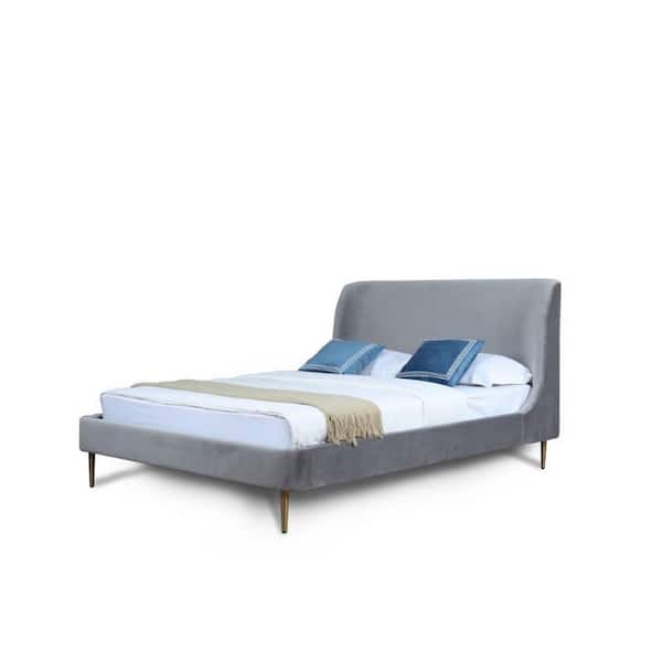 Manhattan Comfort Heather Gray Wood Frame Full Velvet Platform Bed with Gold Legs