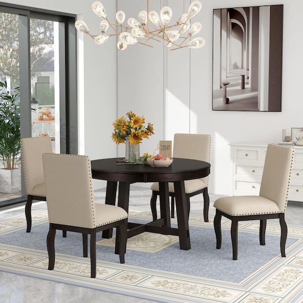 Mapleton 5-Piece Round Espresso Finish MDF Wood Top Extendable Dining Table Set with Upholstered Chairs, 4 Seats