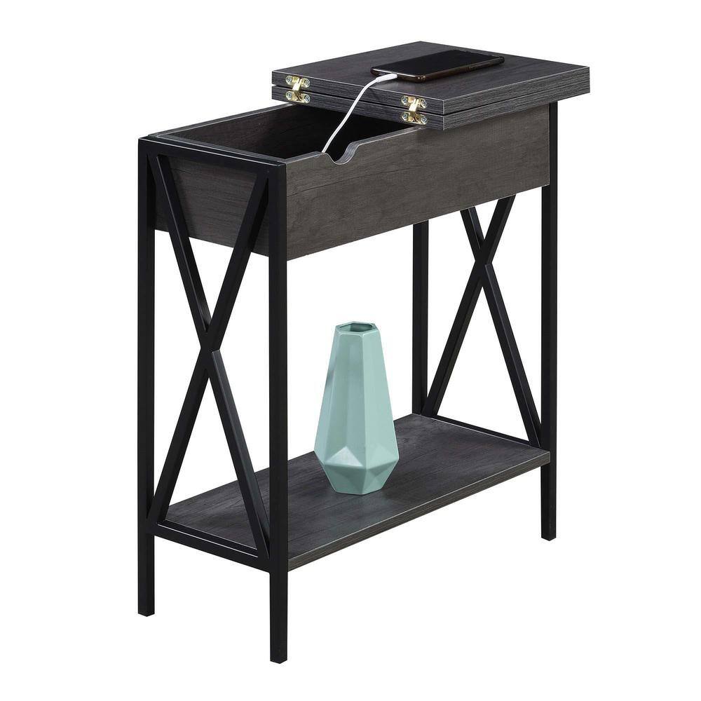 Charcoal Gray Wood and Black Metal End Table with Charging Station