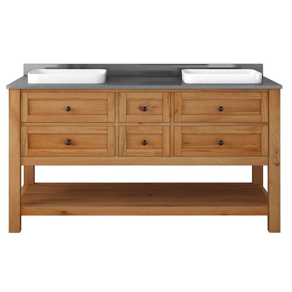 60 in. Double Sink Reclaimed Wood Bath Vanity with Grey Engineered Stone Top (Assembled)