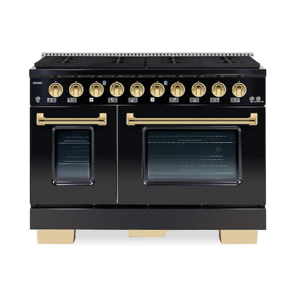 Hallman BOLD 48 in. TTL 6.7 cu. ft. 8 Burner Freestanding All Gas Range with Gas Stove, Gas Oven, Glossy Black with Brass Trim