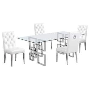 Dominga 5-Piece Glass Top with Stainless Steel and Set with 4 White Faux Leather Chairs