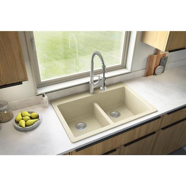 Karran Bisque Quartz 33 in. 50/50 Double Bowl Composite Drop-in Kitchen Sink