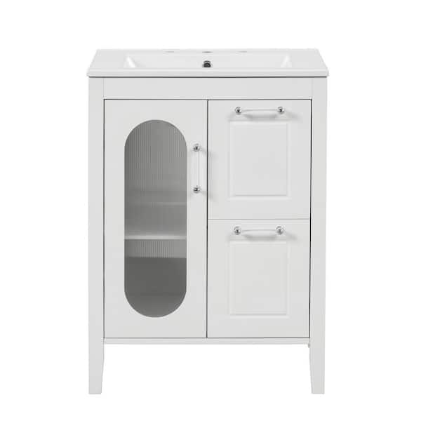 24 in W x 18.3 in. D x 33.2 in H Single Sink Freestanding White Bath Vanity with White Ceramic Top and Adjustable Shelf