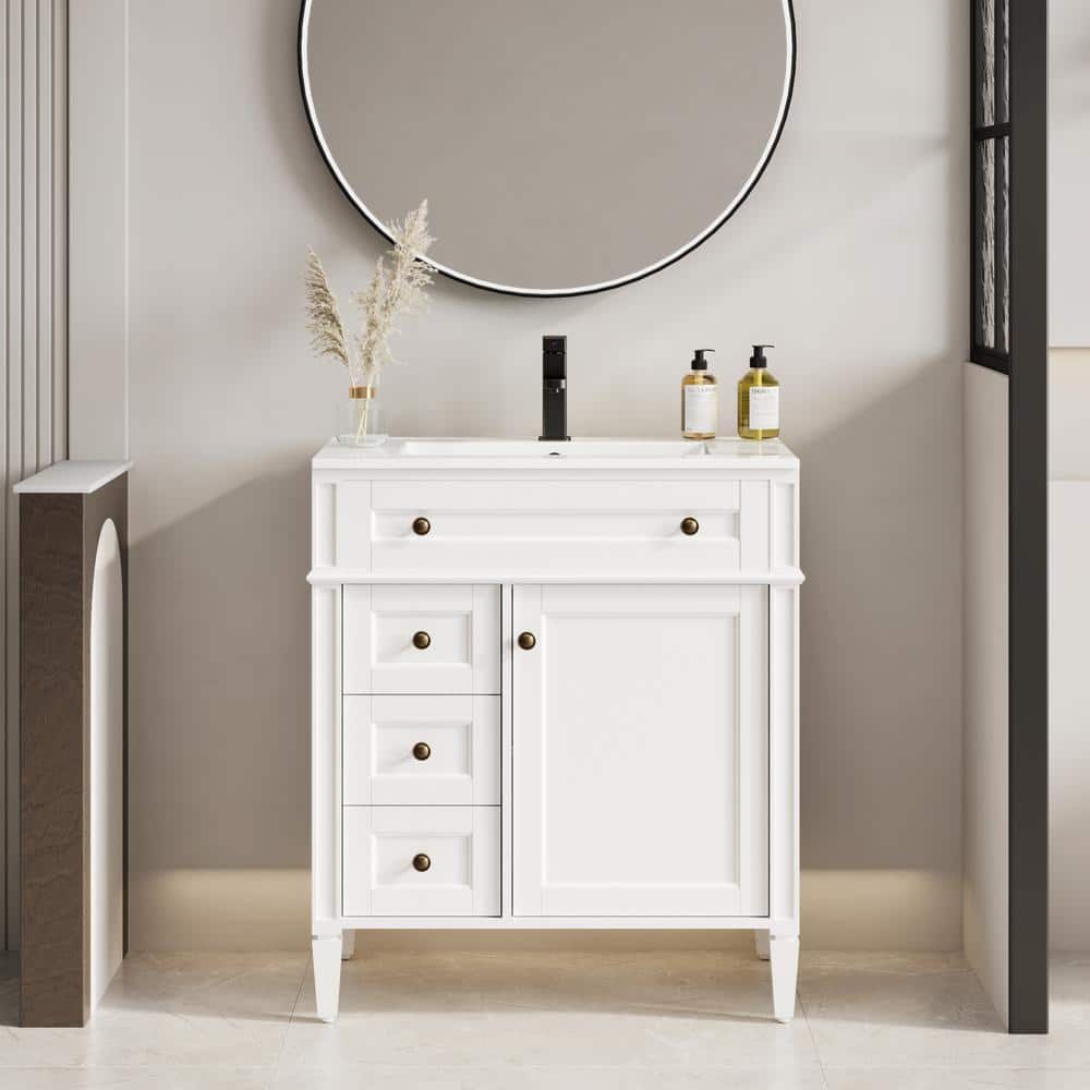 eclife 30 in. W x 18 in. D x 34 in. H 1-Sink Freestanding Bath Vanity in White With White ...