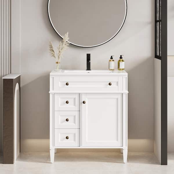 eclife 30 in. W x 18 in. D x 34 in. H 1-Sink Freestanding Bath Vanity in White With White Ceramic Top and Drain Faucet Set