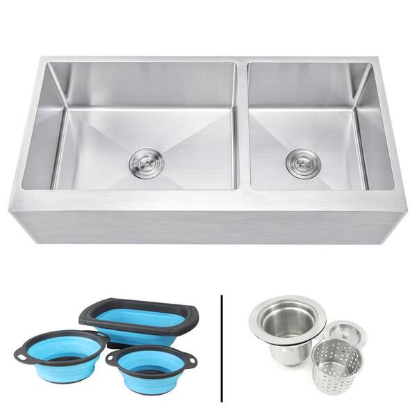Emoderndecor Farmhouse Apron 16 Gauge Stainless Steel 42 In Flat Front 60 40 Offset Double Bowl Kitchen Sink W Silicone Colanders Hfo4221r Ckc The Home Depot