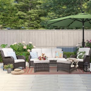 5-Piece Wicker Outdoor Patio Seating Conversation Set Sectional Sofa with Beige Cushions