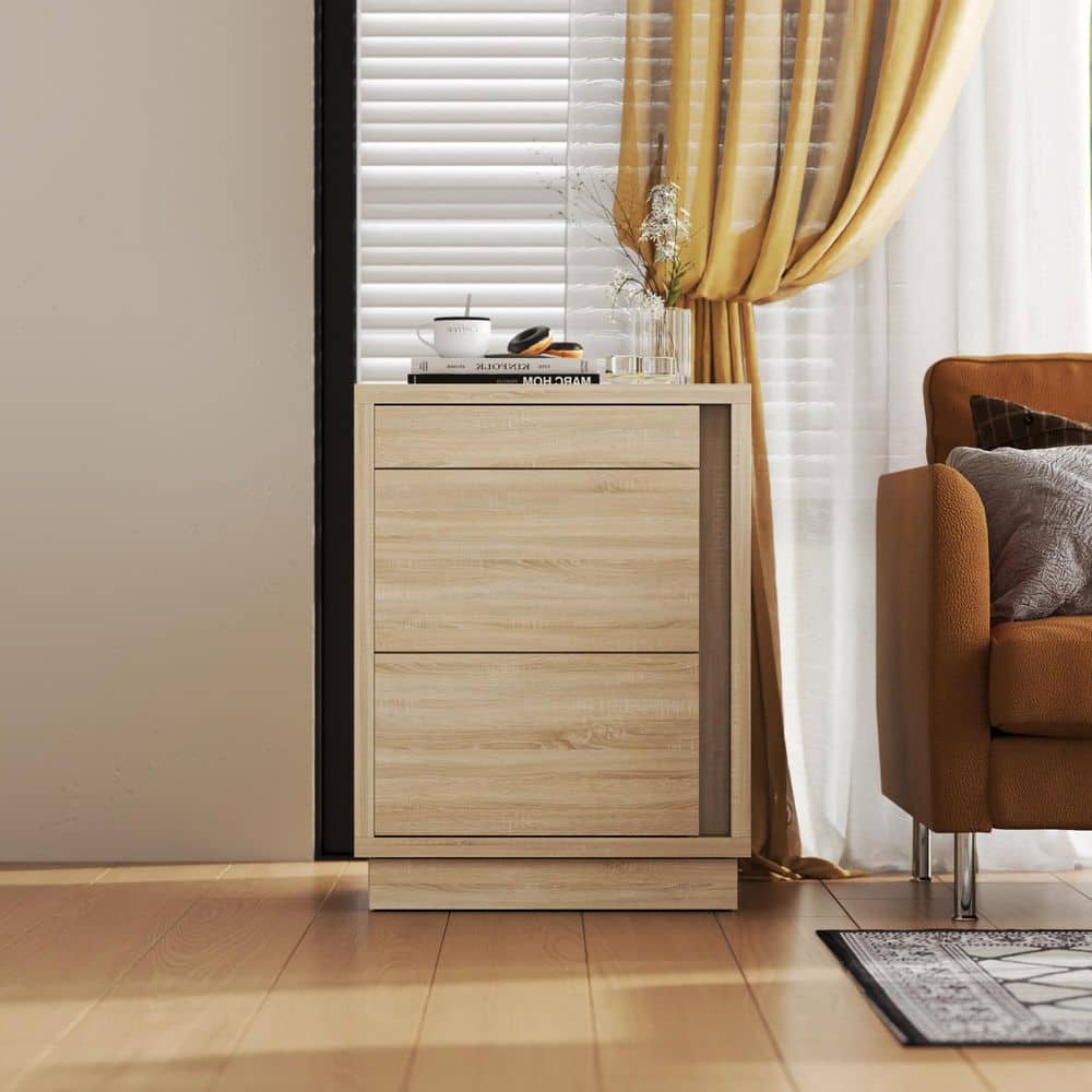 FUFU&GAGA Light Oak Finish 4-Drawer 23.6 in. W Nightstand, Hidden