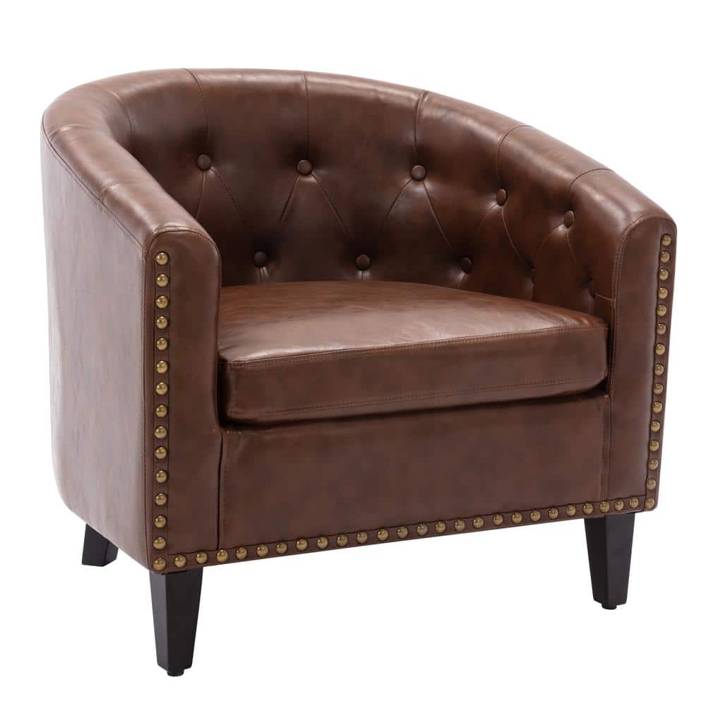URTR Modern Dark Brown Nailhead Trim PU Leather Tufted Barrel Chair ...