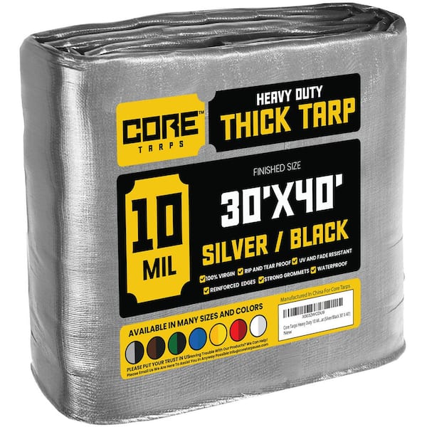 CORE TARPS 30 ft. x 40 ft. Silver/Black 10 Mil Heavy Duty Polyethylene Tarp, Waterproof, UV Resistant, Rip and Tear Proof