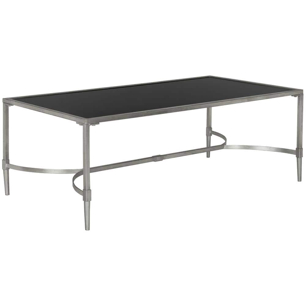 Transitional Rectangular Metal and Glass Coffee Table, Silver/Black