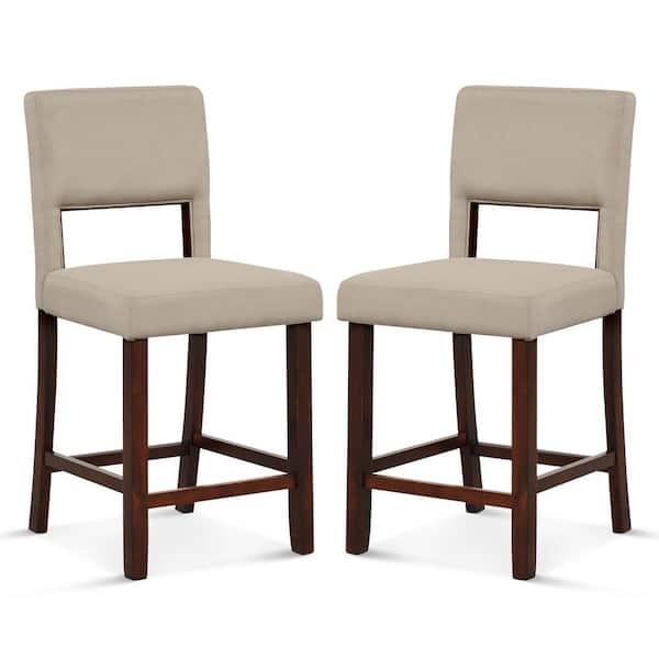 Costway 24.5 in. Beige Upholstered Linen Bar Stools Wooden Dining Chairs with Back (Set of 2)