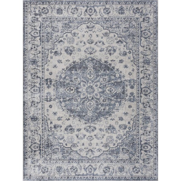 HAUTELOOM Hiti 3 ft. X 7 ft.  Blue, Off White, Charcoal Traditional Medallion Oriental Style Machine Washable Runner Rug